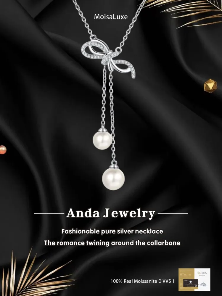 

Moissanite Plata Sterling 925 Silver Pearl Bow Fringe Moissanite Pendant Necklace for Women Jewelry GRA Certified