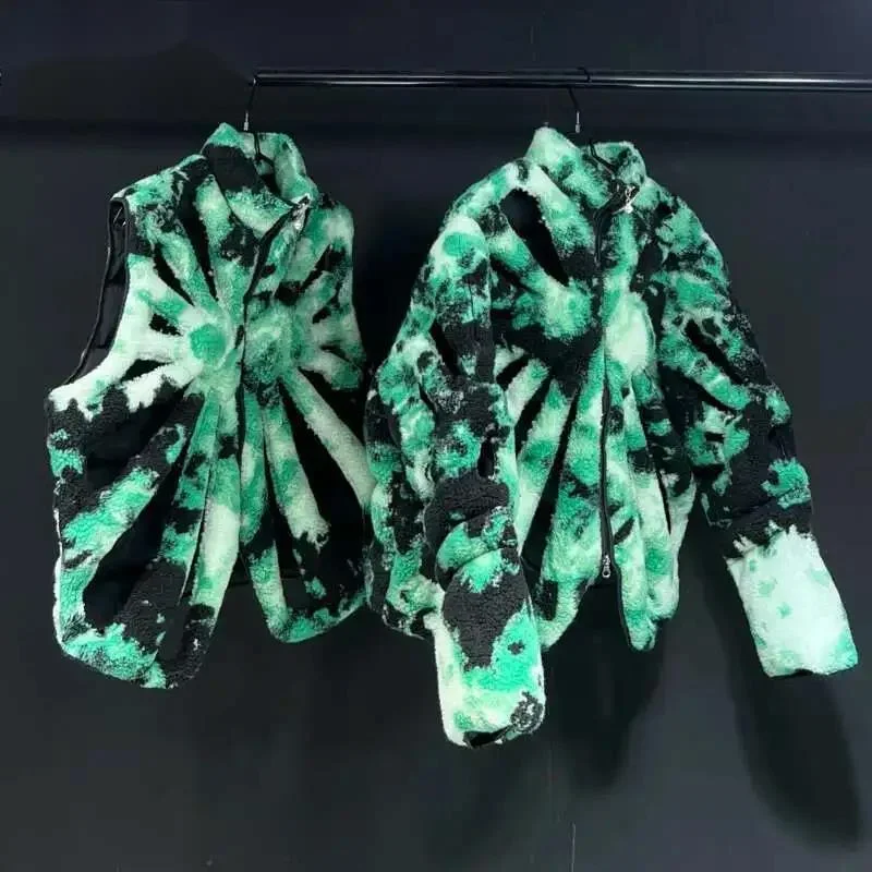 Hollow Vest Cotton Coat Stand Up Collar Jacket Tie Dye Granular Velvet Warm Silhouette Top Contrast Color Tops XD24