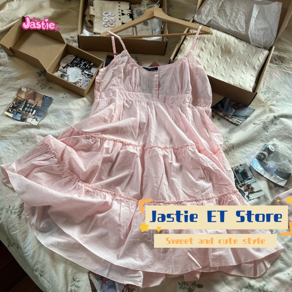 Sweet Embroidery Pink Suspender Dresses Women's Sleeveless Summer Dress Loose A-line Cake Dress Y2k Fashion Vestidos 2024