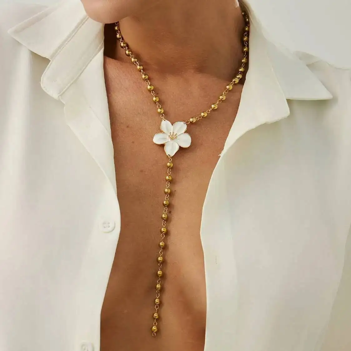 SHIXIN Elegant White Flower Pendant Long Necklace for Women Sexy Gold Color Beaded Chest Chain Necklace Banquet Party Jewelry