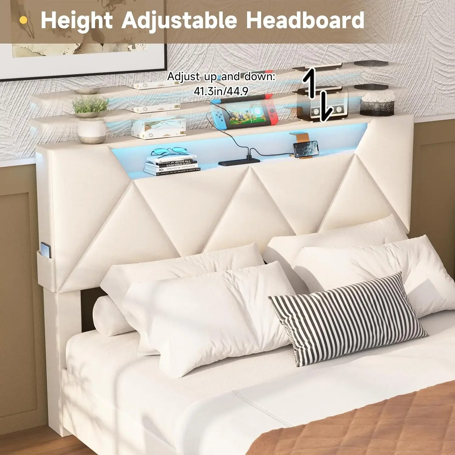 Vabches Bed Frame Queen with Storage Headboard&4 Drawers Upholstered Platform Bed Frame with Charging Station&LED Lights Bedroom image 6