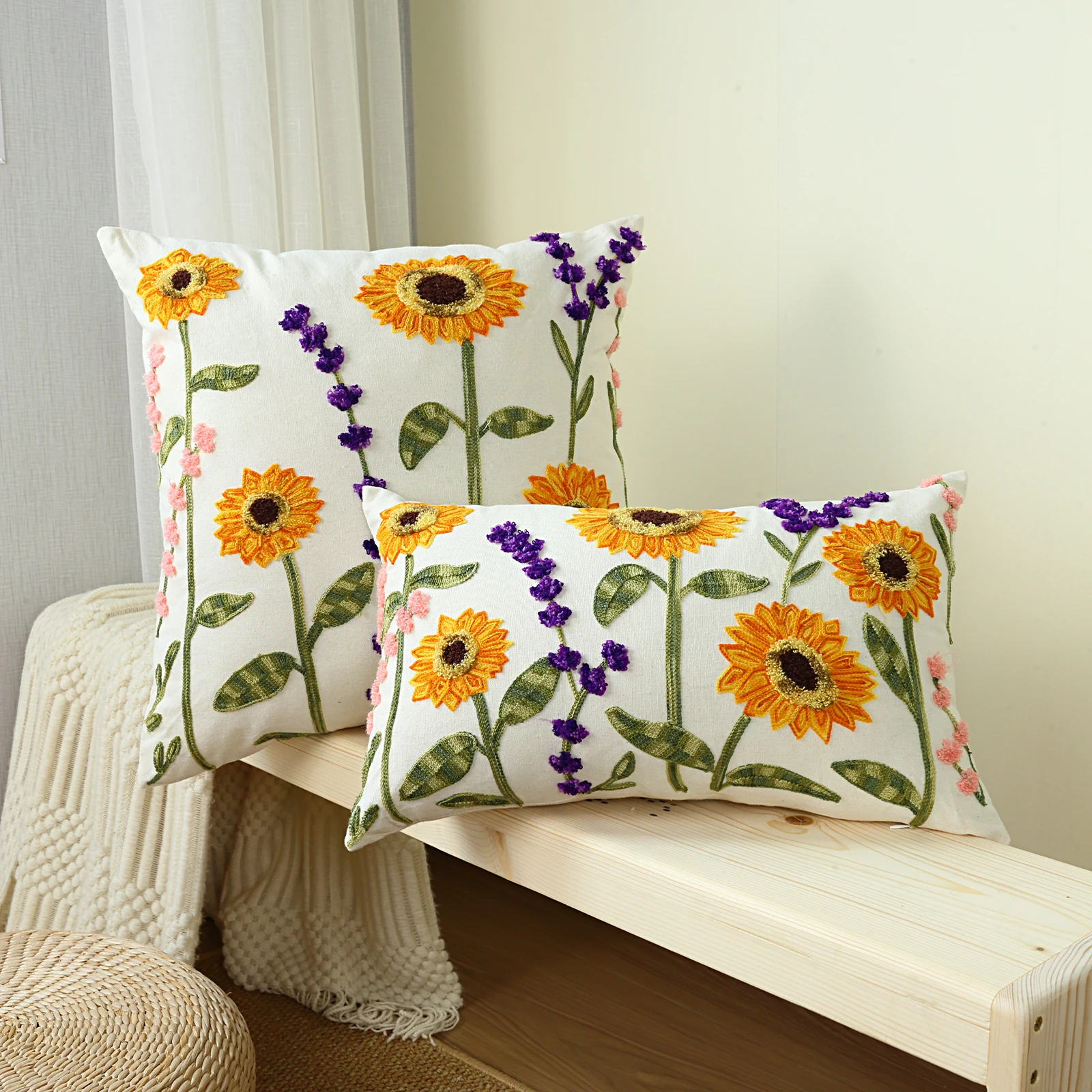 1pc, Embroidery Cushion Covers Soft Decorative Sofa Pillow Cases Sunflower Pillow Cover For Living Room Hotel Decor