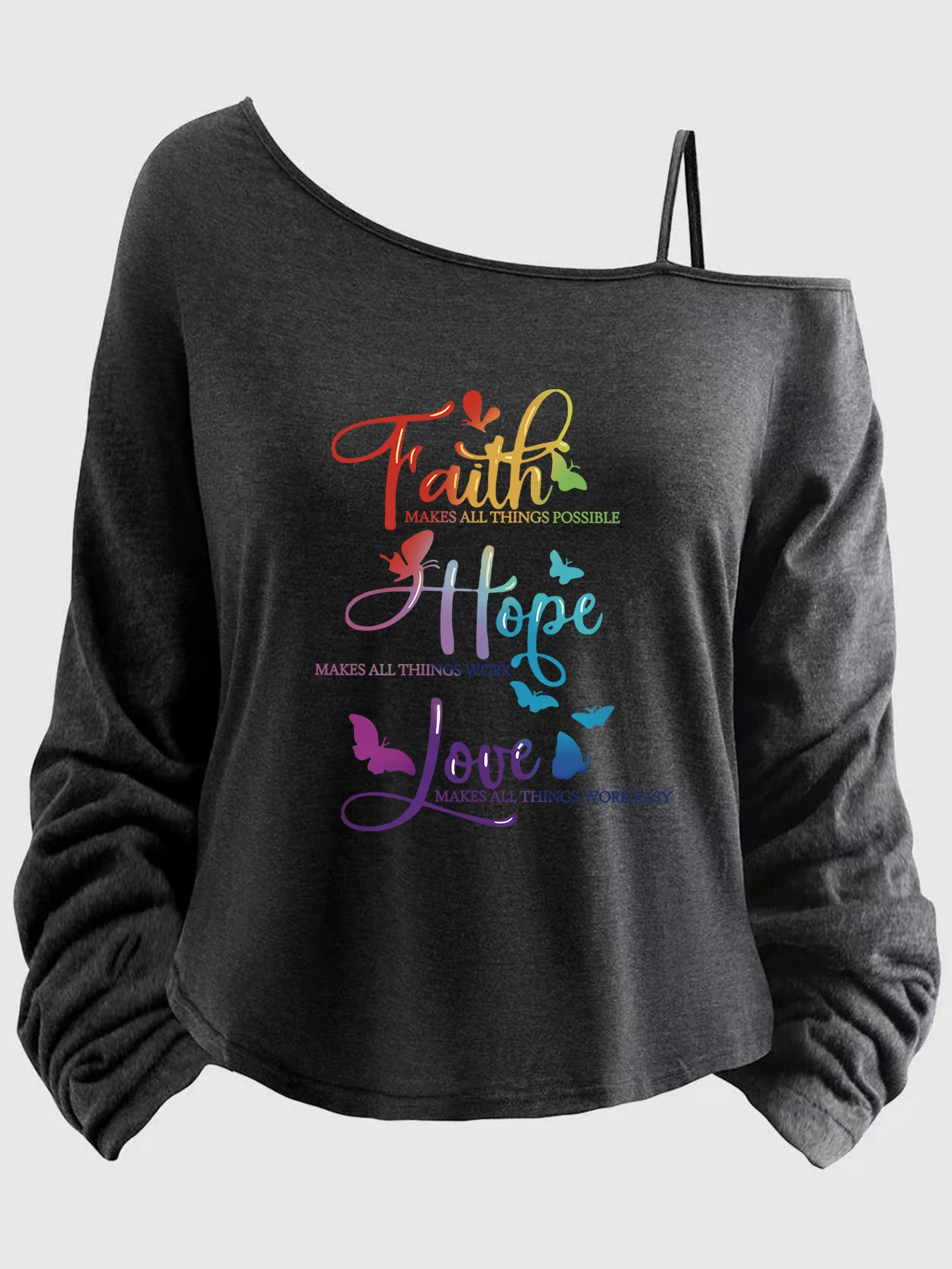 

Large-sized women’s top with printed sleeves, spaghetti straps, asymmetrical neckline, 1-8XL, letters (XT).