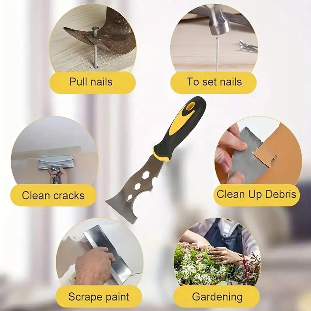 ​15 in1 Multi-Use Stainless Steel Putty Knife - Heavy Duty Paint Scraper with Mirror Polish, Anti-Slip Handle for Wood/Metal