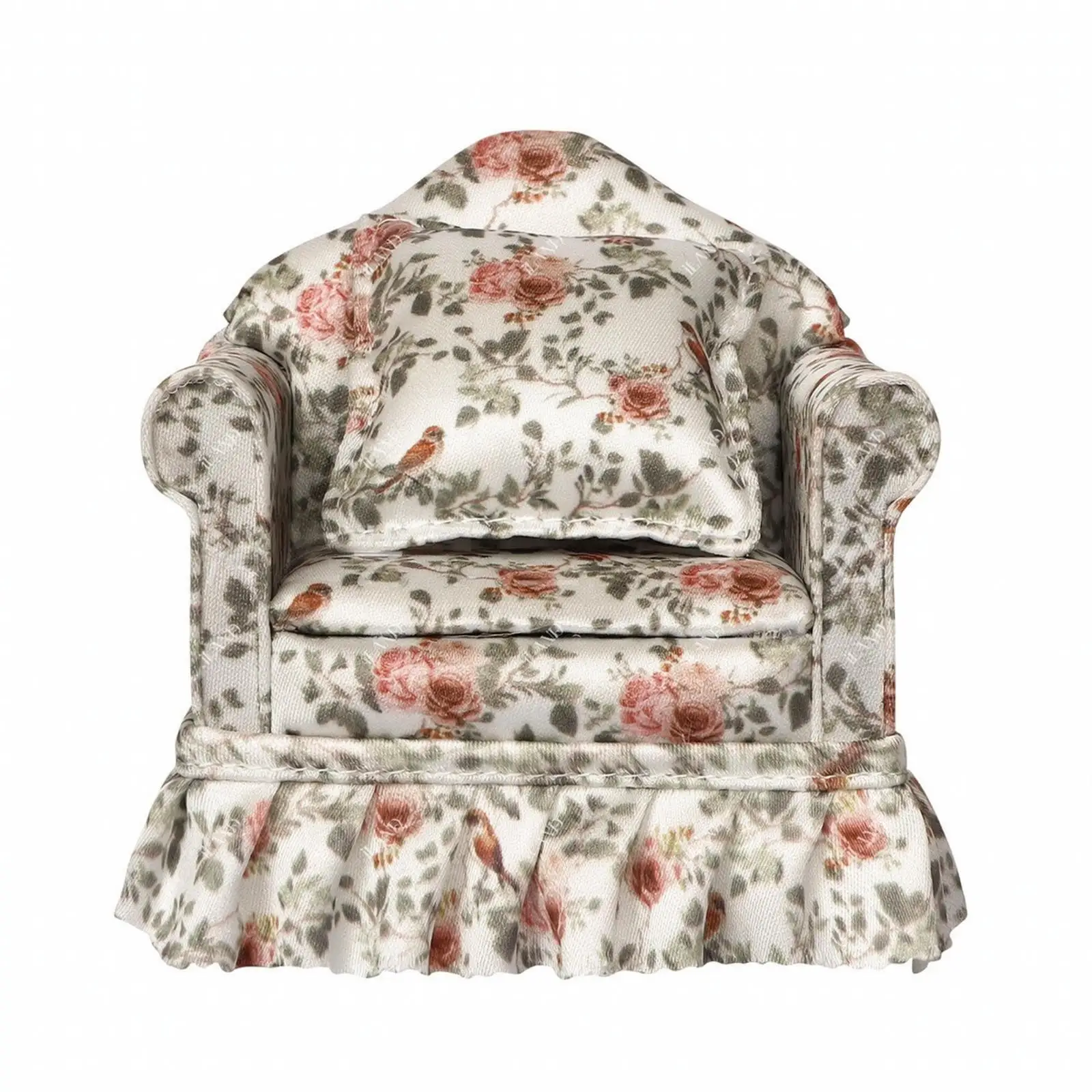 Wooden Miniature Sofa for Dollhouse Floral Print Padded Backrest Vintage Living Room Furniture for Collector Shelf Decor