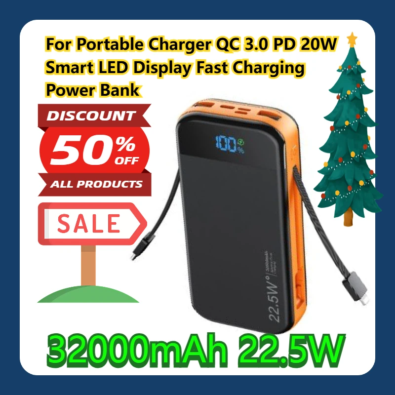 

For Portable Charger 32000mAh 22.5W QC 3.0 PD 20W Smart LED Display Fast Charging Power Bank