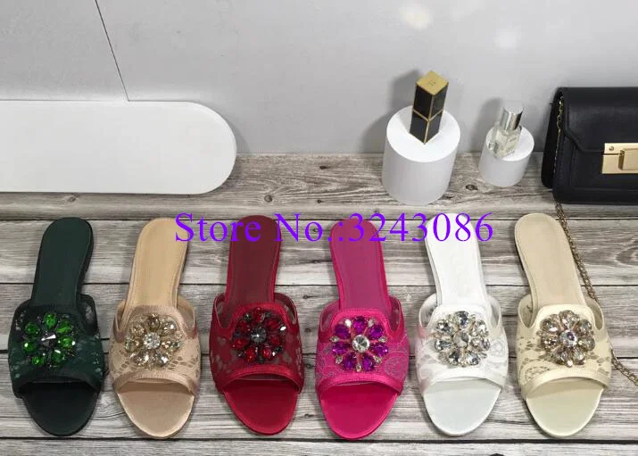 Sexy Lace Crystal Decor Lady Flat Slippers Fashion Design Woman Flat Sandals Comfortalble Casual Shoes Dropship