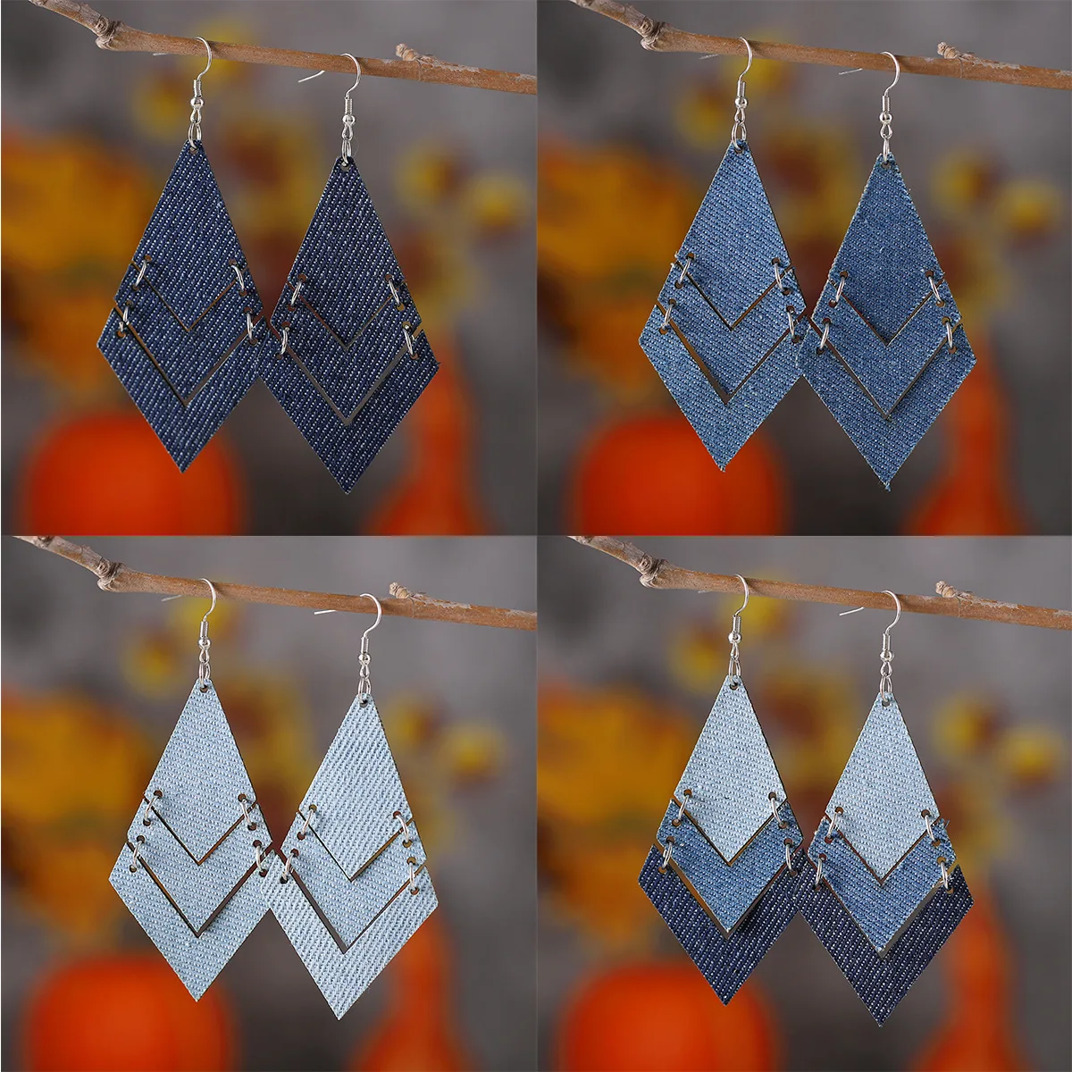 new gradual change blue denim geometric triple splicing earrings western bohemian denim leather earrings