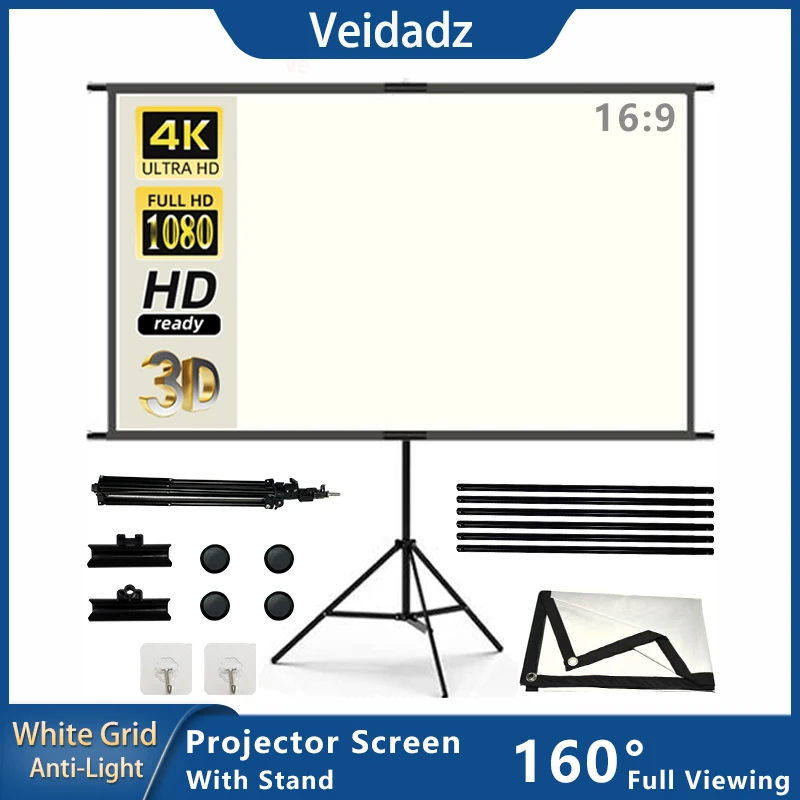 Projector Screen With Stand White Grid Anti-Light 2.0 Gain Canvas 100 120 inch for Home Theater Outdoor 4K HD Projection Screen