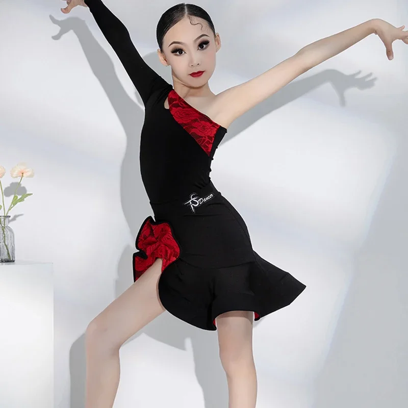 Skirts Suit Chacha Rumba Tango Latin Performance Dress Professional Latin Dance Costumes For Girls Single Sleeve Split