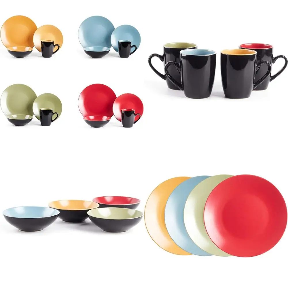 Juego de Vajilla de Gres de Dos Tonos, 16 Piezas: Exterior Negro con Colores Mate Surtidos en el Interior