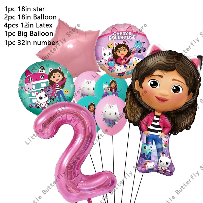 Casa de muñecas Gabby, globos con números de gatos, decoración para fiesta de cumpleaños para niños, globos de aluminio de látex, juego de globos