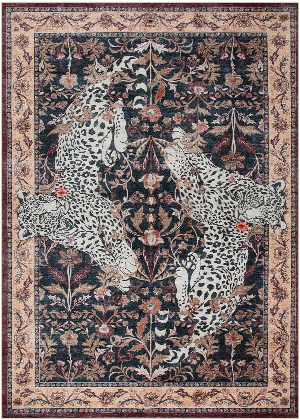 Vintage Leopard Floral Area Rug, Dark Base Twin Leopard Botanical Print, Non-Slip Washable Mat for Living Room Sofa Dining Room