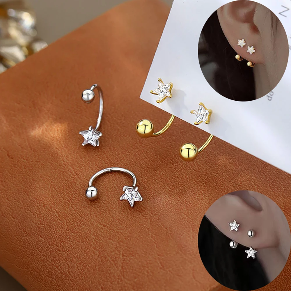 2PCS Stainless Steel Star Crystal CZ Ear Studs Earrings Women Silver Color Tragus Cartilage Helix Piercing Jewelry