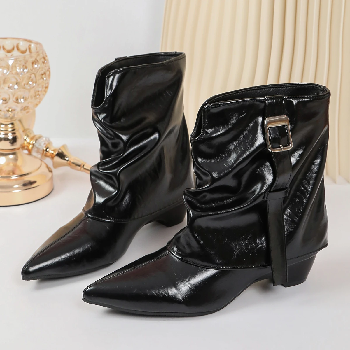 Retro Pointed-Toe 2026 Summer New Western Short Boots for Women with Belt Buckle, Unique Design, Chunky Heel, and Pant Boots