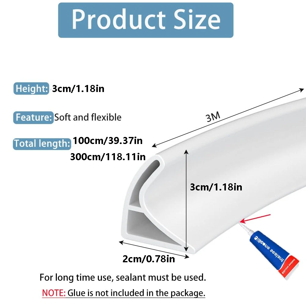 1M/39inchs 3M/118inchs Self-Adhesive Water Barrier for Bathroom & Kitchen - Shower Threshold, Sink Edge Guard, Soft Seal Strip