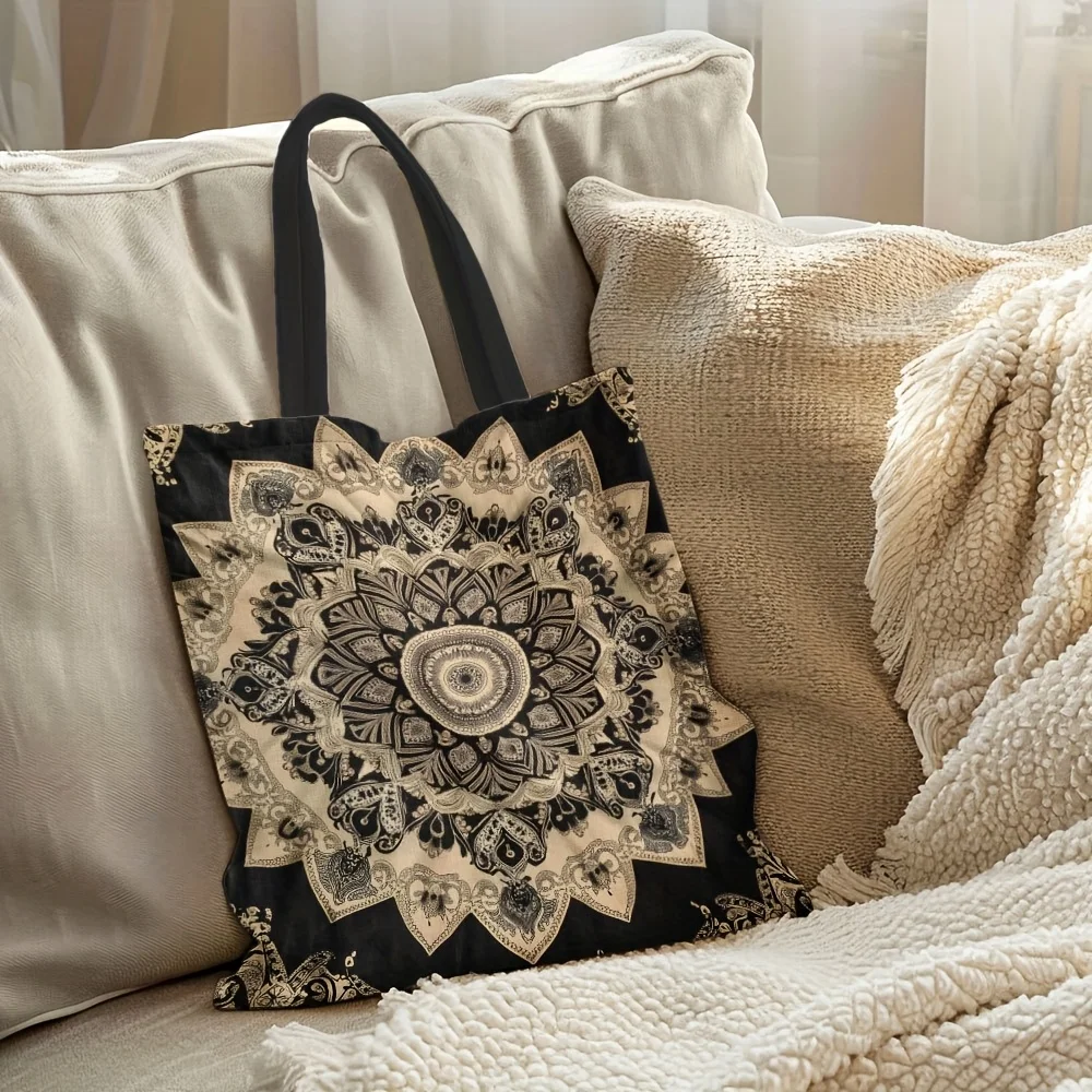 1pc Lightweight Mandala Print Polyester Tote Bag for Women, Foldable Shoulder Bag with Fixed Straps for Shopping Daily Use