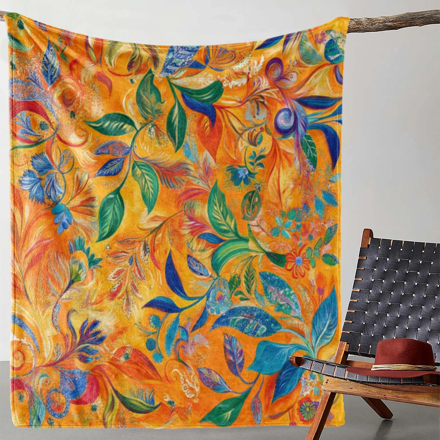 Boho Bright Multicolor Leaves Floral Hand Painted Texture Art Pattern Soft Blanket Fit Living Room Bed Travel Multi-scene Home