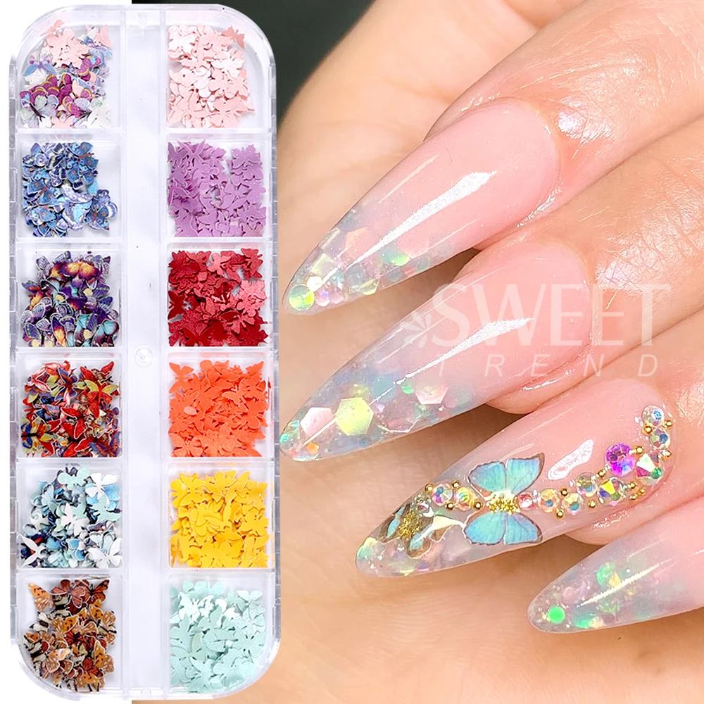SWEET TREND-12 Grid Butterfly Filling Wood Pulp Slice 3D Colorful Butterfly Nail Decals Summer Flake DIY Manicure Accessories