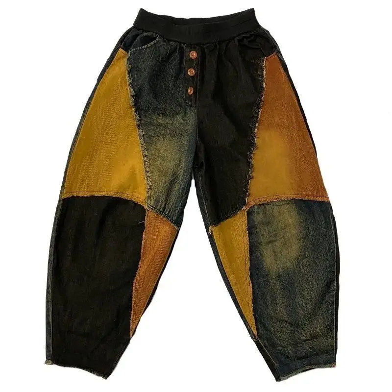 2025 nova moda velho remendo tecido cor bloqueado pendurado virilha casual cintura alta calças compridas mulheres outono denim legal jeans wh8