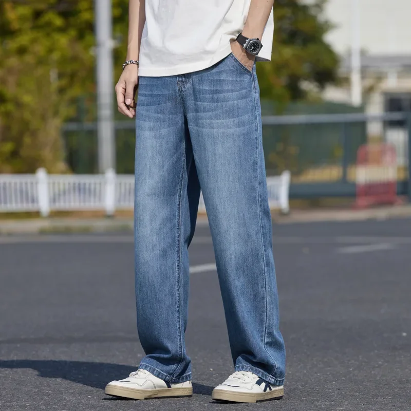 Summer New Arrival American Streetwear Loose Wide Leg Lyocell Denim Jeans for Men All Match Casual Comfortable Mens Long Pants