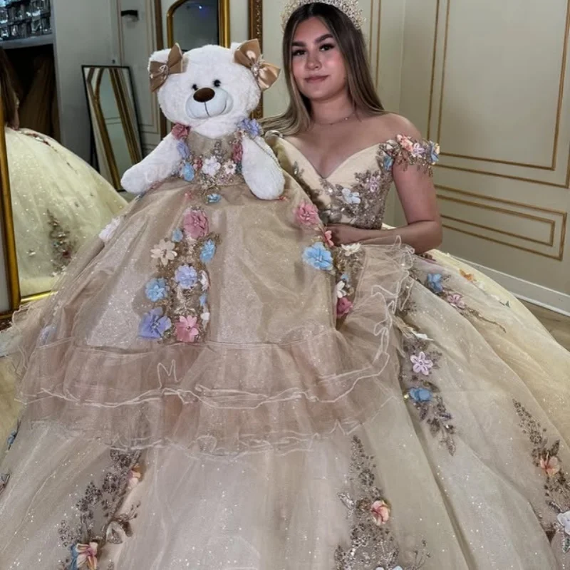 

Платье Quinceanera цвета шампанского с открытыми плечами и блестками, 3D цветочная аппликация, многослойное кристаллами, платья de 15, Quinceanera ﻿ Индивидуальный