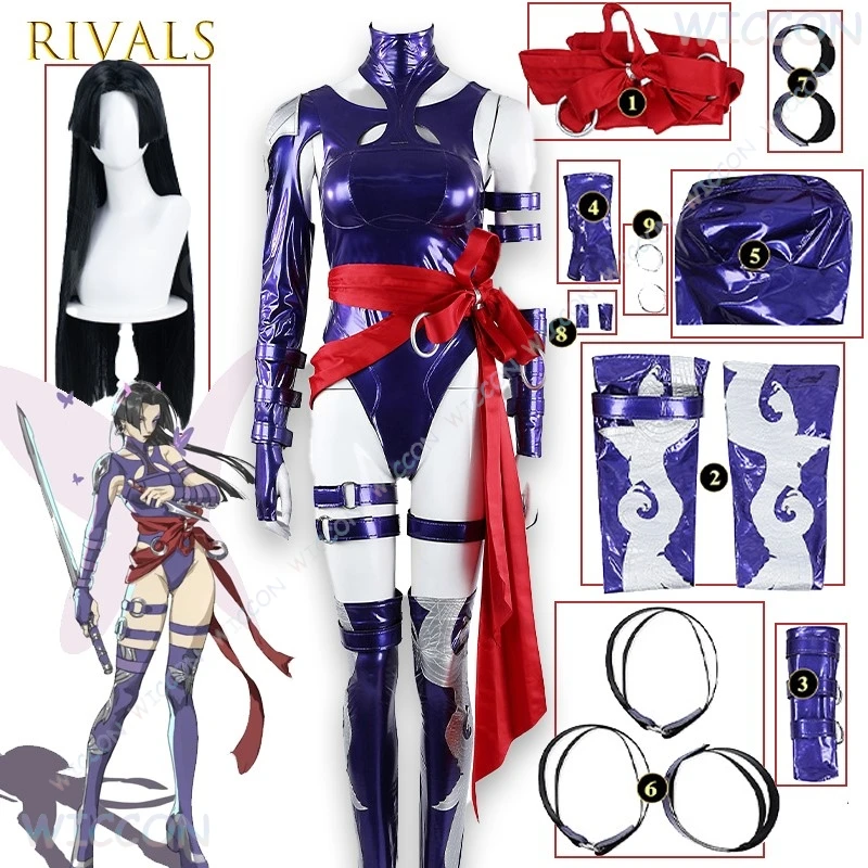 Uniforme/uniforme de fiesta de Halloween, disfraz de Cosplay oficial de Psylocke con remaches morados, traje de personaje de juego para mujer, mono ajustado Ninja