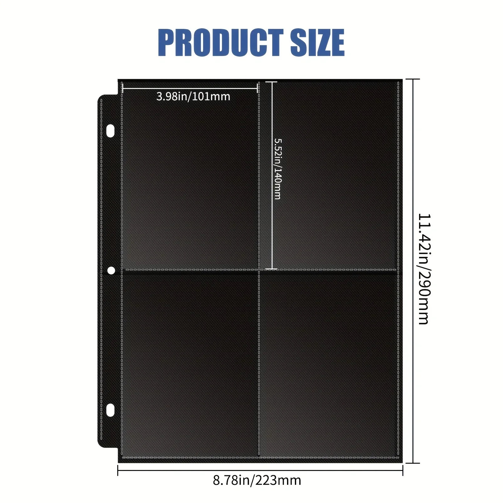 Four-pocket black card sleeve pages, 3-hole double-sided, fits for postcards, photo cards, etc