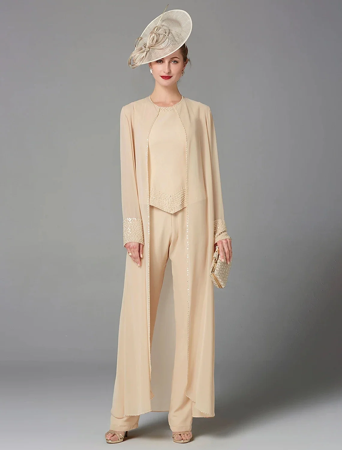 

2026 Champagne Jumpsuit Mother of the Bride Dress Plus Size Elegant Scoop Floor Length Chiffon Wedding Party Gown With Jacket