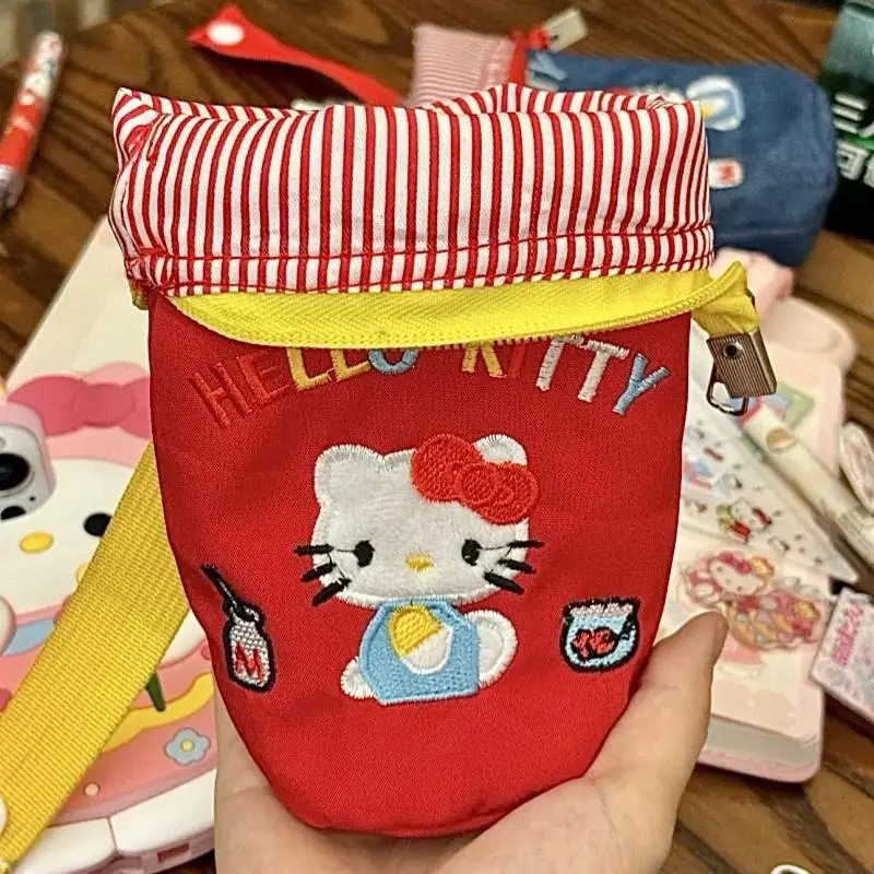 Kawaii Sanrio periféricos de animé Hello Kitty cubo bordado de dibujos animados estuche de lápices plegable bolsa de almacenamiento de gran capacidad