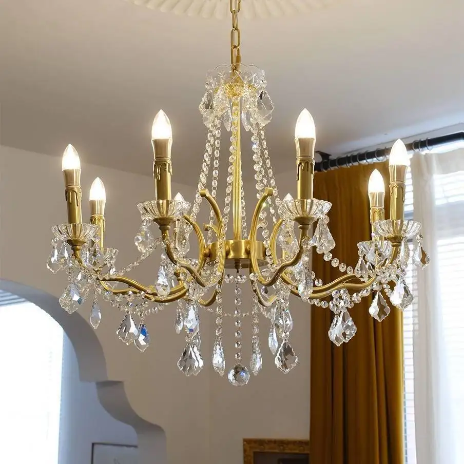 

French all-copper crystal chandelier American European villa living room, dining room, bedroom, study, cloakroom lamp