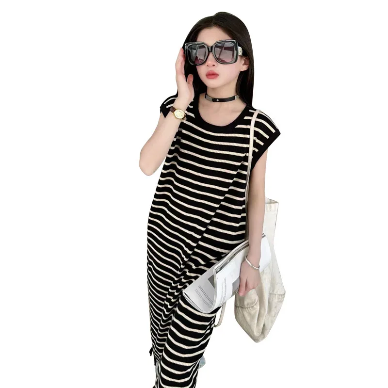 New Girls Summer Dress Slimming Striped Knit Vest Dress with Fringe Hem Sleeveless Korean Striped Midi Sundress for Kids