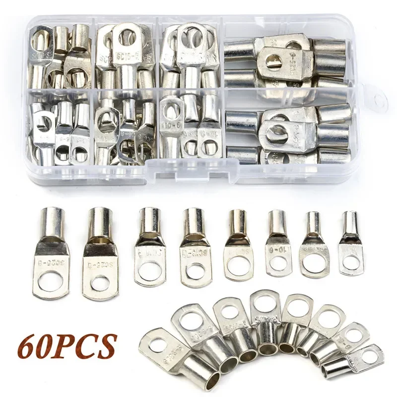 60PCS SC Tinned Copper Terminal Ring  Lug Wire Connectors Bare Cable Terminal Electrical Cable Connectors SC6-6 SC10-6 SC25-6