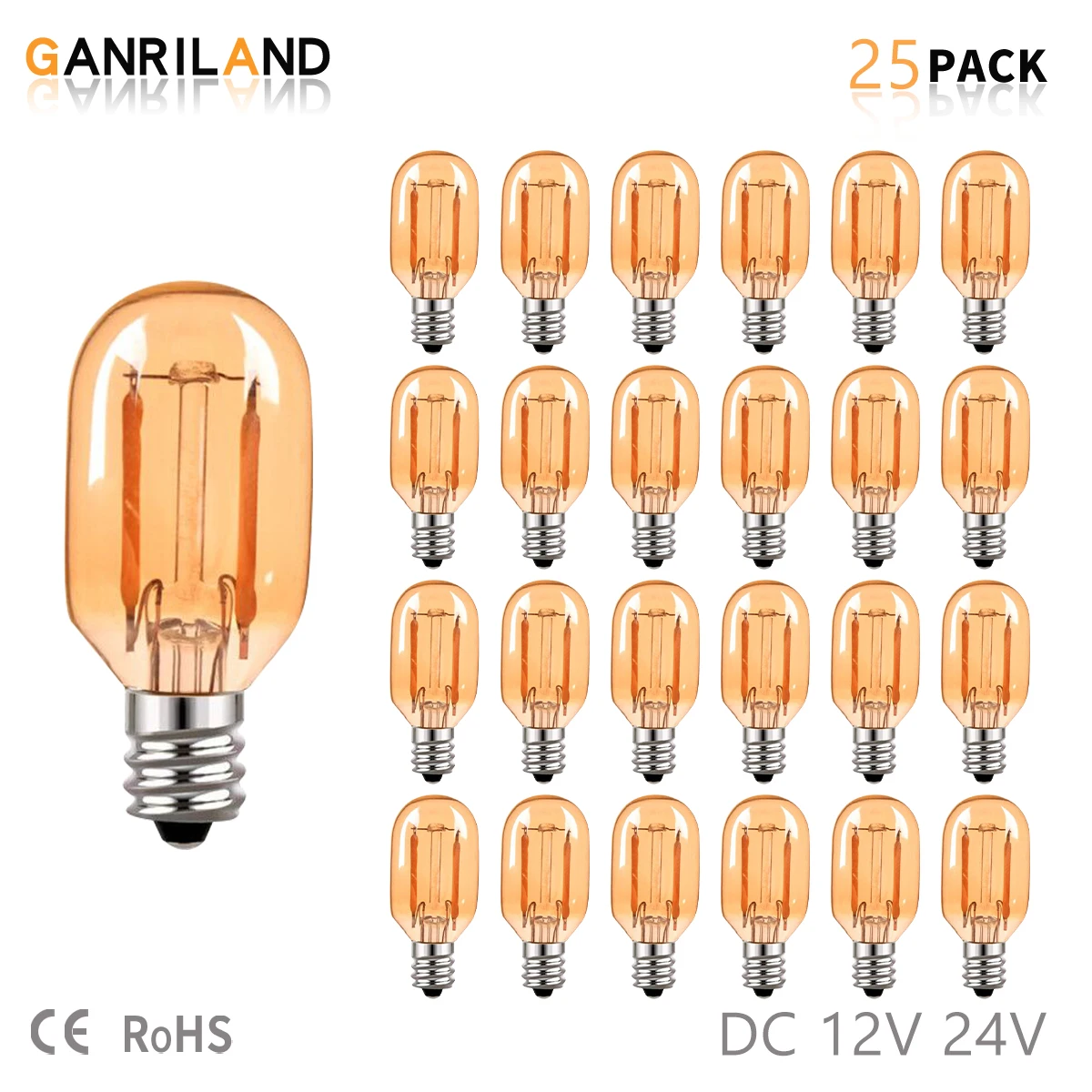 

GANRILAND Low Volts Tubular Led Bulbs E12 E14 Base T22 1W Amber Glass Warm White 2200K DC12V 24V Camping Cabin Mini Light Bulb