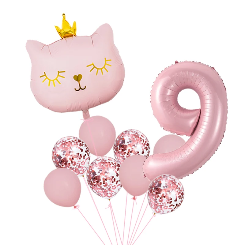 Rosa Krone Katze Folien-Zahlenballons Cartoon-Tier Wimpelkette Set Mädchen Happy Birthday Party Dekorationen Kinder Babyparty Geschenk – Detail 15