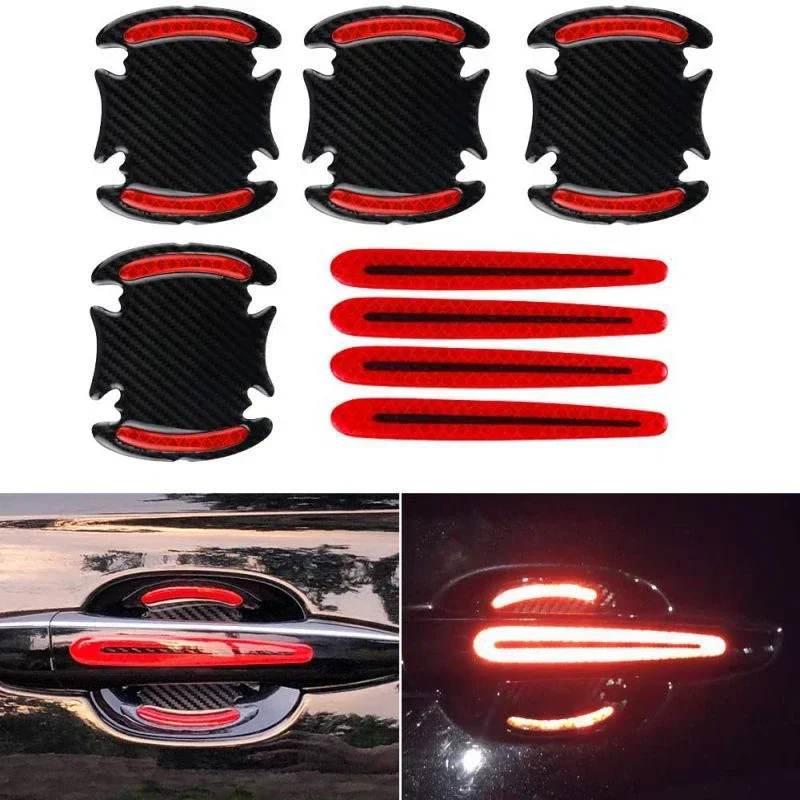 8pcs 3D Carbon Car Door Bowl Handle Protective Sticker Reflective Anti-collision Protection Strip Fiber Sticker Car Accessories