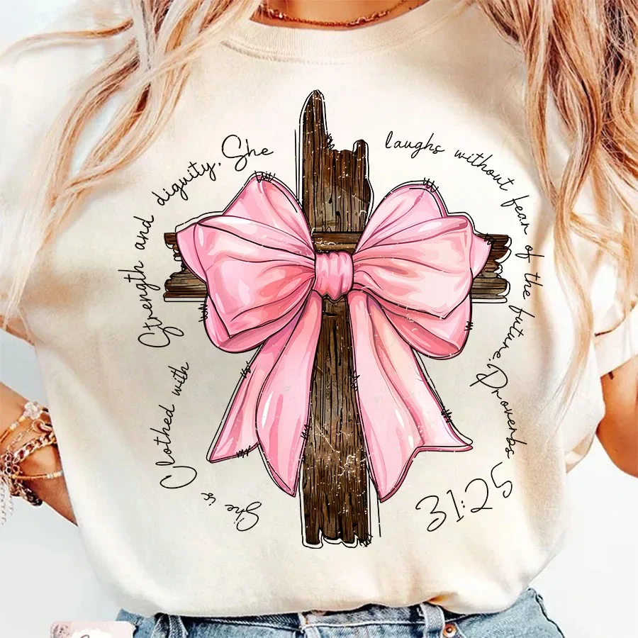 

Женская футболка больших размеров с бантом и крестом, футболки с христианскими стихами из Библии, хлопковые топы с короткими рукавами и графическим рисунком, футболки, женская одежда