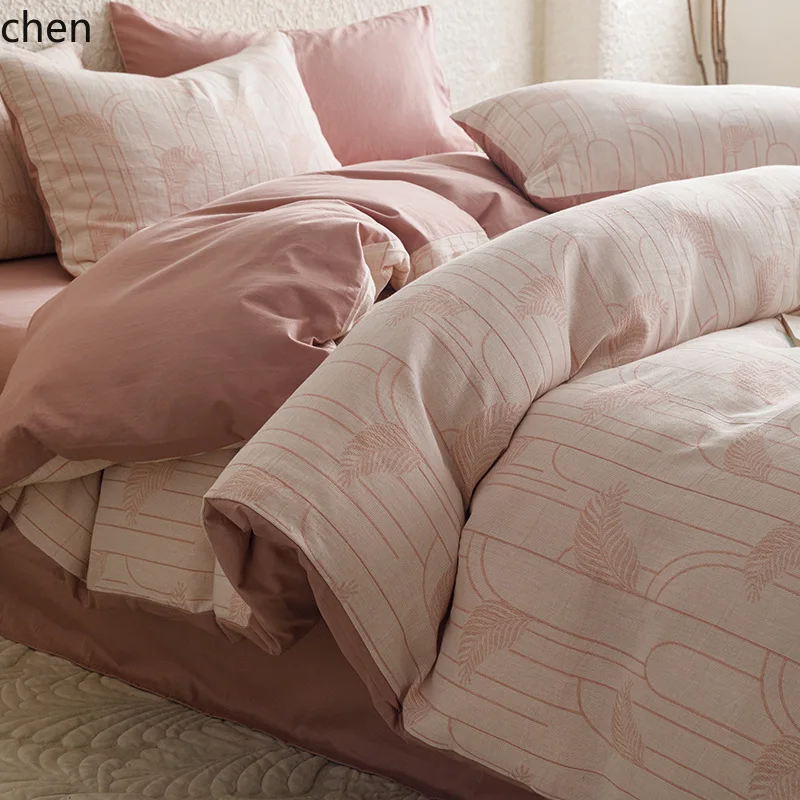 ZML all-cotton washed cotton four-piece set, pure cotton simple bed sheet and duvet cover bedding three-piece set