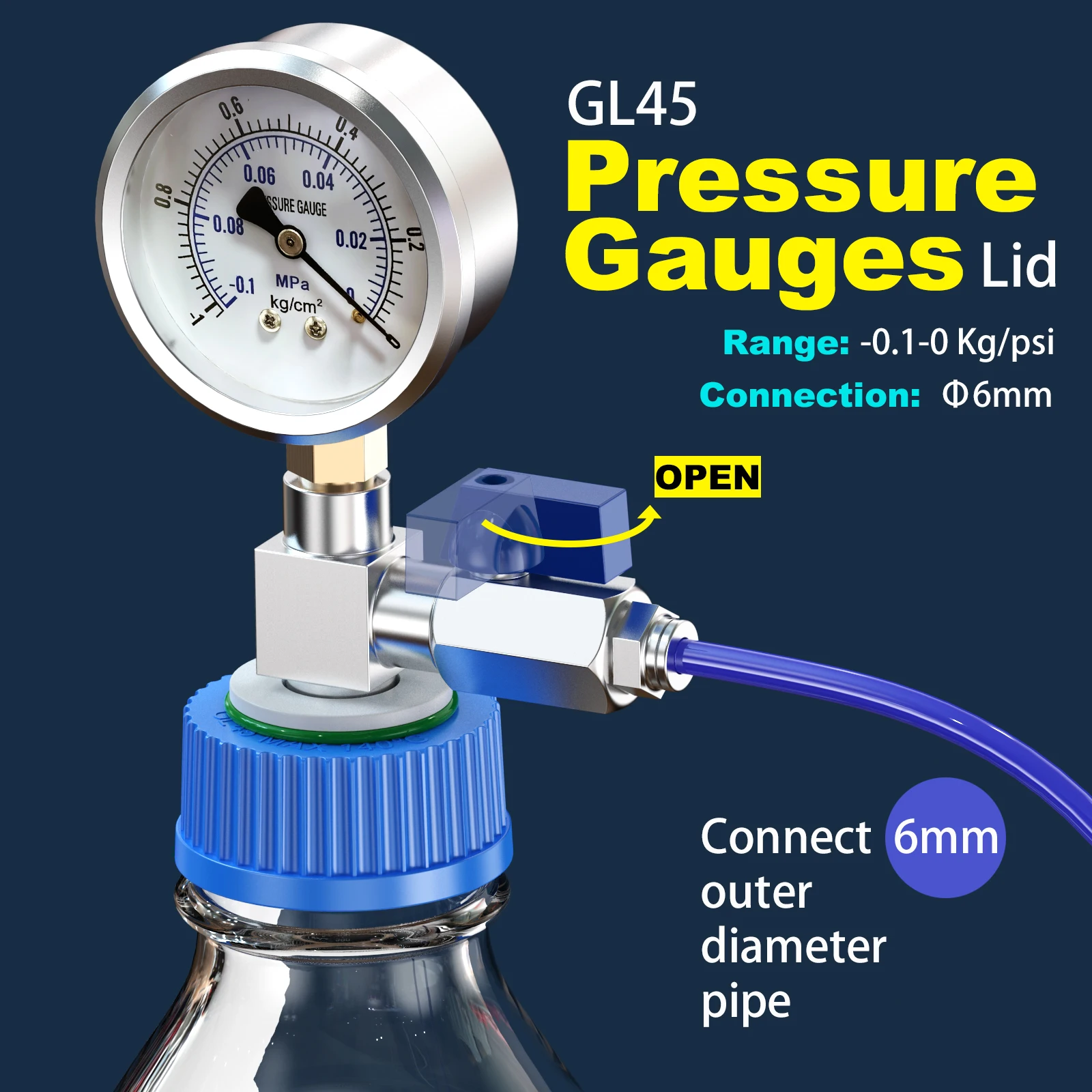 GL45 Screw Cap with Pressure Gauge, Quick Connect Air Hose Fitting and Adjustable Switch for  Monitor Pressure