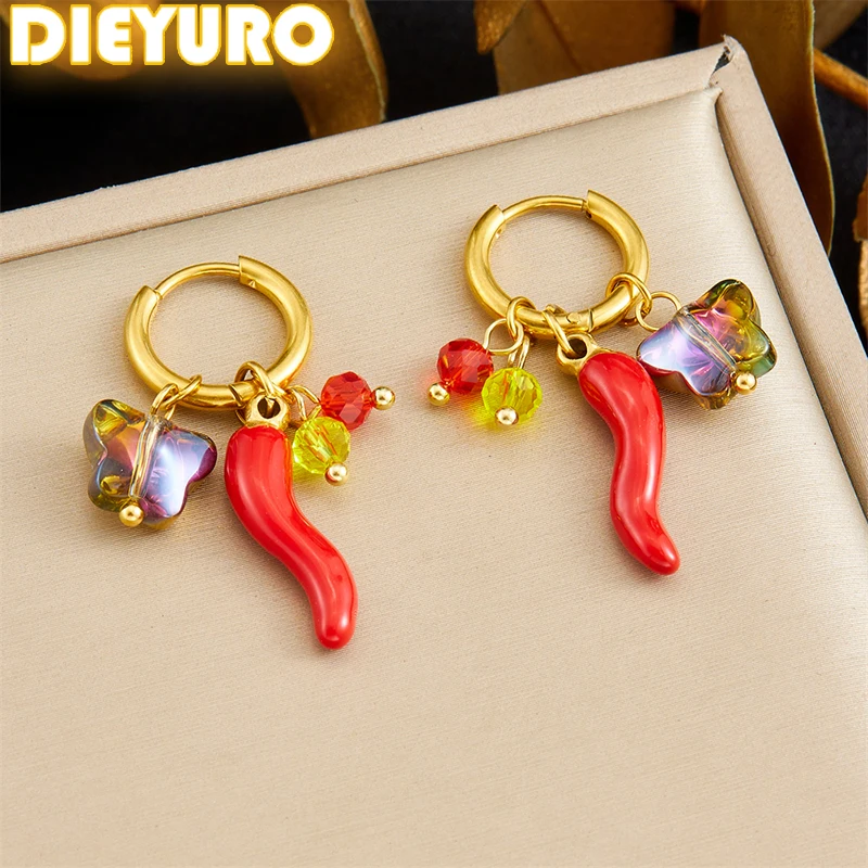 DIEYURO 316L Stainless Steel Red Pepper Colored Crystal Butterfly Pendant Earrings Women New Fashion Ear Studs Jewelry Gift ﻿