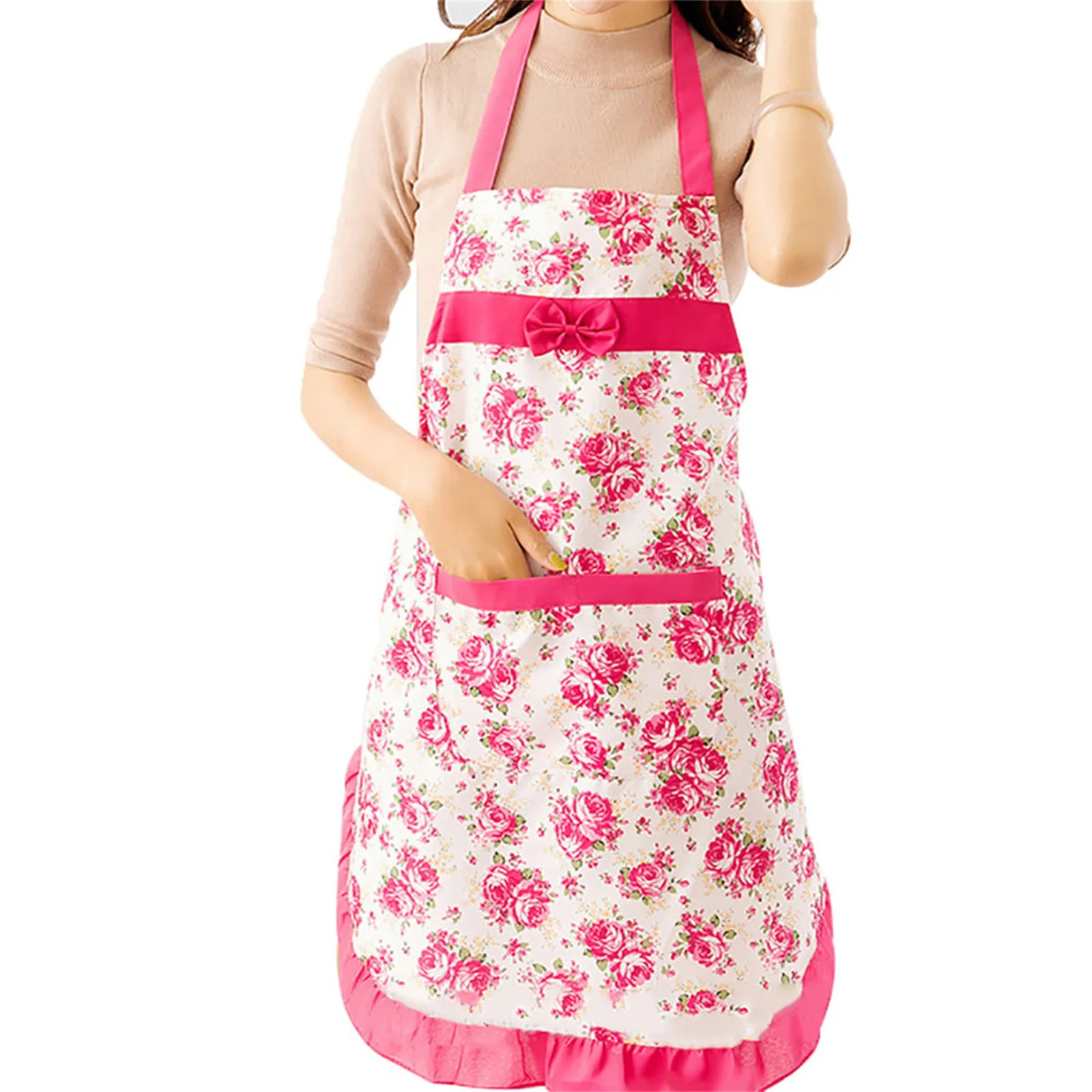 Women\'s Kitchen Floral Apron With Pockets And Adjustable Waist Belt Waterproof Women\'s Bib Apron Cooking Accessories