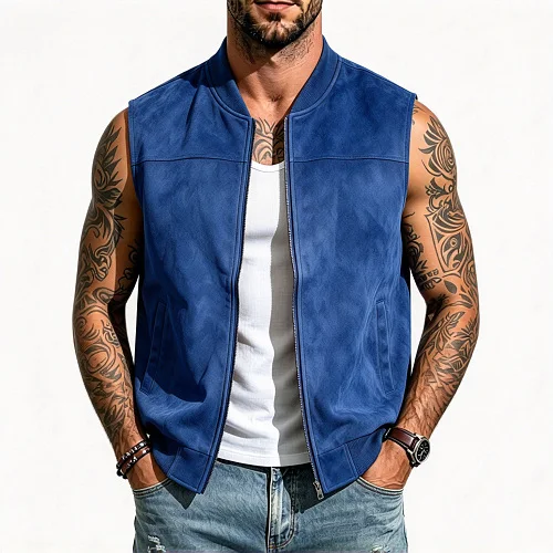 Men's Baseball Collar Suede Zip Up Vest, Solid Color Sleeveless Jacket, Loose Casual Waistcoat With Side Pockets