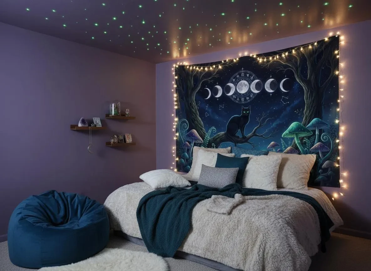 VIKAMA Moon Phase Black Cat Forest Tapestry Mysterious Bohemian Style Background Cloth Dark Starry Sky Mushroom Room Decoration
