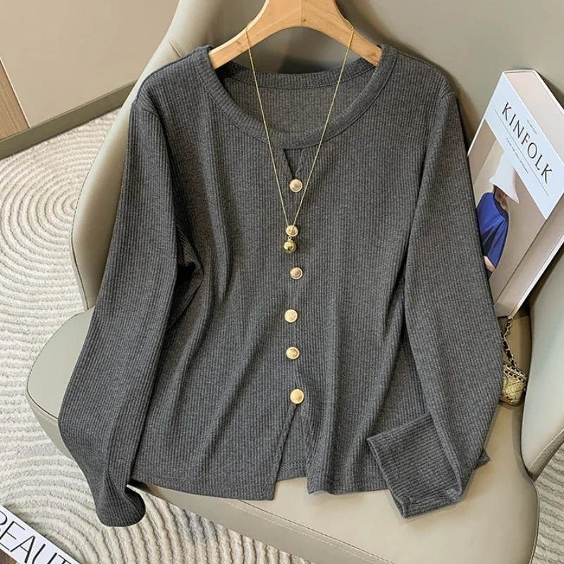 

Split Hem Knit Long Sleeve Top 2025 Women Plus Size Sweater Autumn Winter O-Neck Hollow-Out Single-Breasted Pullovers