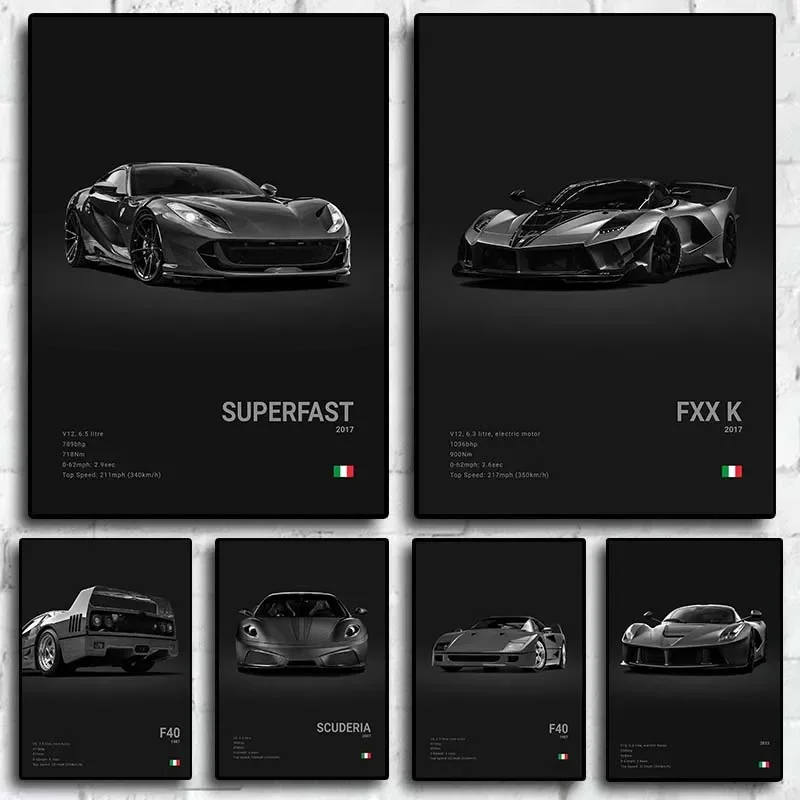 

Pop Black and White Italy Cars Luxury Super Sport Car Poster Aesthetic F40 GTO GTB Canvas Print for Wall Art Garage Room Decor