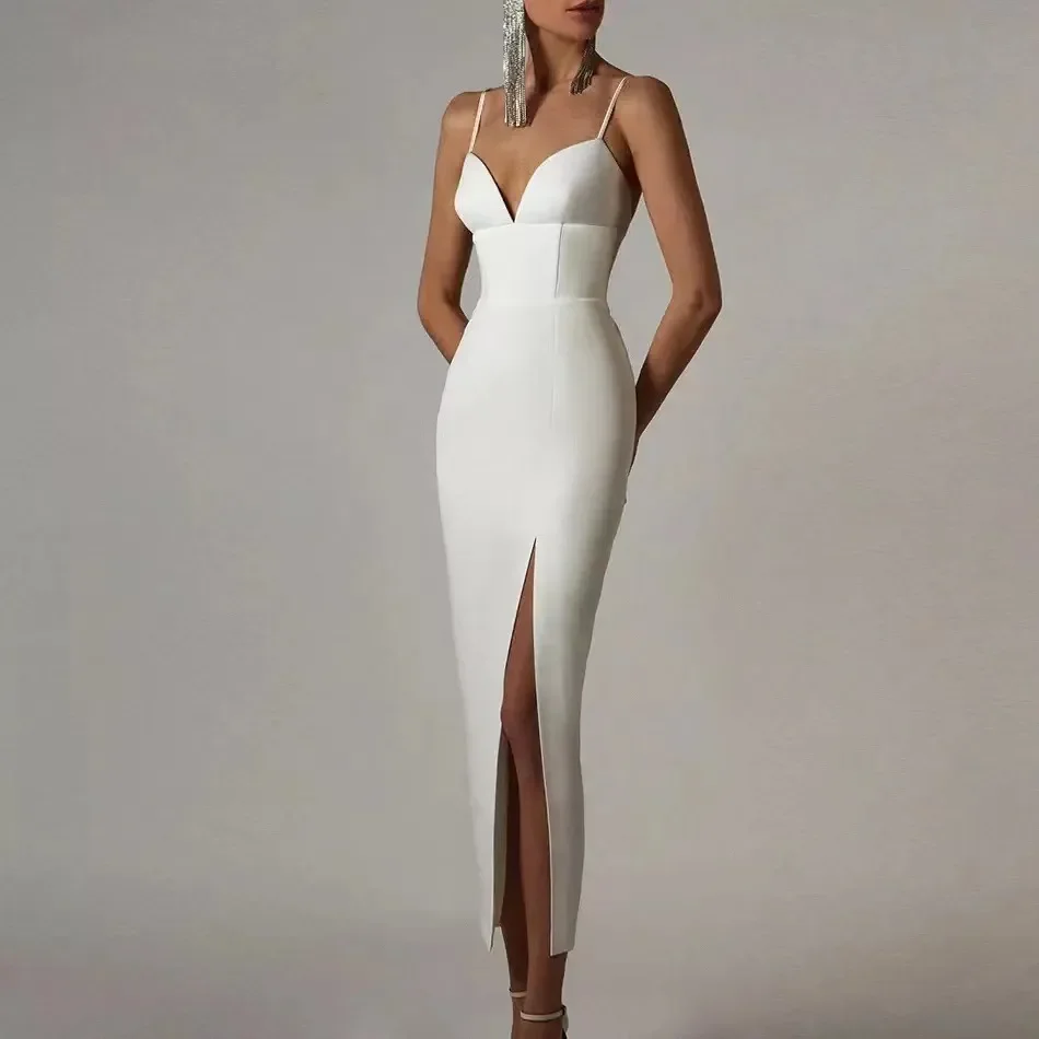 Classic new spaghetti strap sexy V-neck tight wedding dress side split ankle-length Beach Auditorium romantic bridal dress