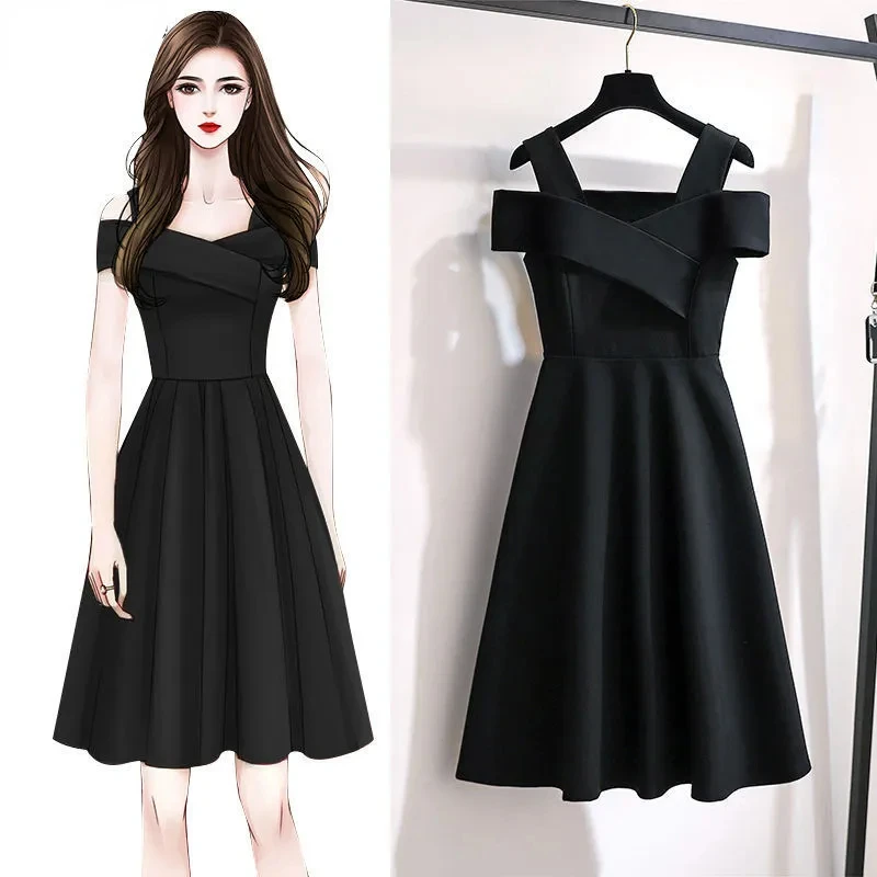 2024 New Slim Pure Color Dress French Style Graceful Sweet Slash Neck Dresses Girls Fashion Joker Date Skirt