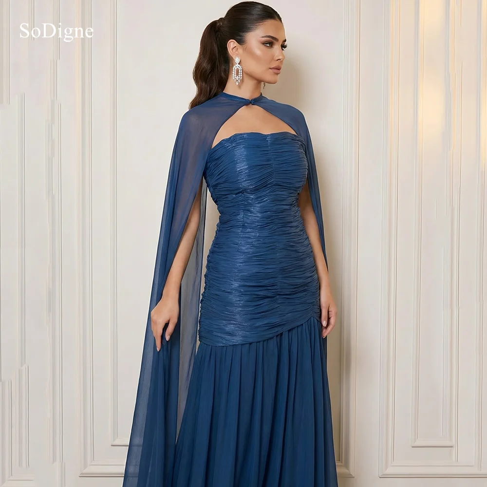 

SoDigne Chic Blue A-Line Prom Dresses Strapless Sleeveless Draped Party Dress Pleats Floor-Length Prom Gowns Customized
