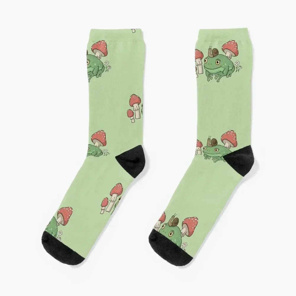 

Cute Frog with Snail Hat and Mushrooms - Cottagecore Aesthetic Toad - Goblincore Fairy Grunge - Forest Themed Toadstool Fu Socks