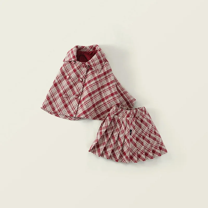 Autumn Outfit New Style For Girls 3-7 Years Comfortable And Sweet Thick Cape Coat + Pleated Skirt 2PCS Set Fashion Children Suit